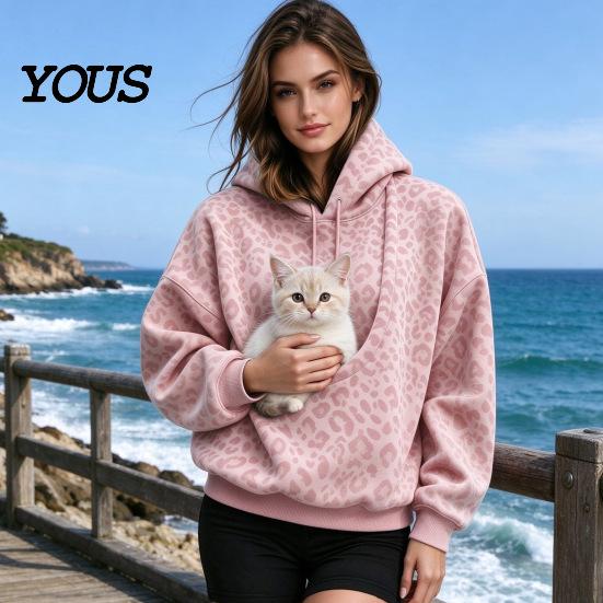 Women Oversized Hoodie Leopard Print Pet Carrier for Women, Hooded Sweatshirt Dog Hands Free & Cat Carrying, Long Sleeve Pullover Top with