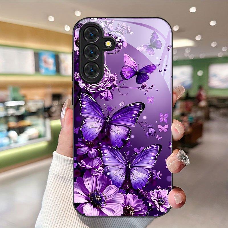 Purple Butterfly Flower Pattern Glass Phone Case Suitable for Samsung Galaxy S26 S25 S24 S22 S21 S20 FE/Ultra/Plus Hard Case