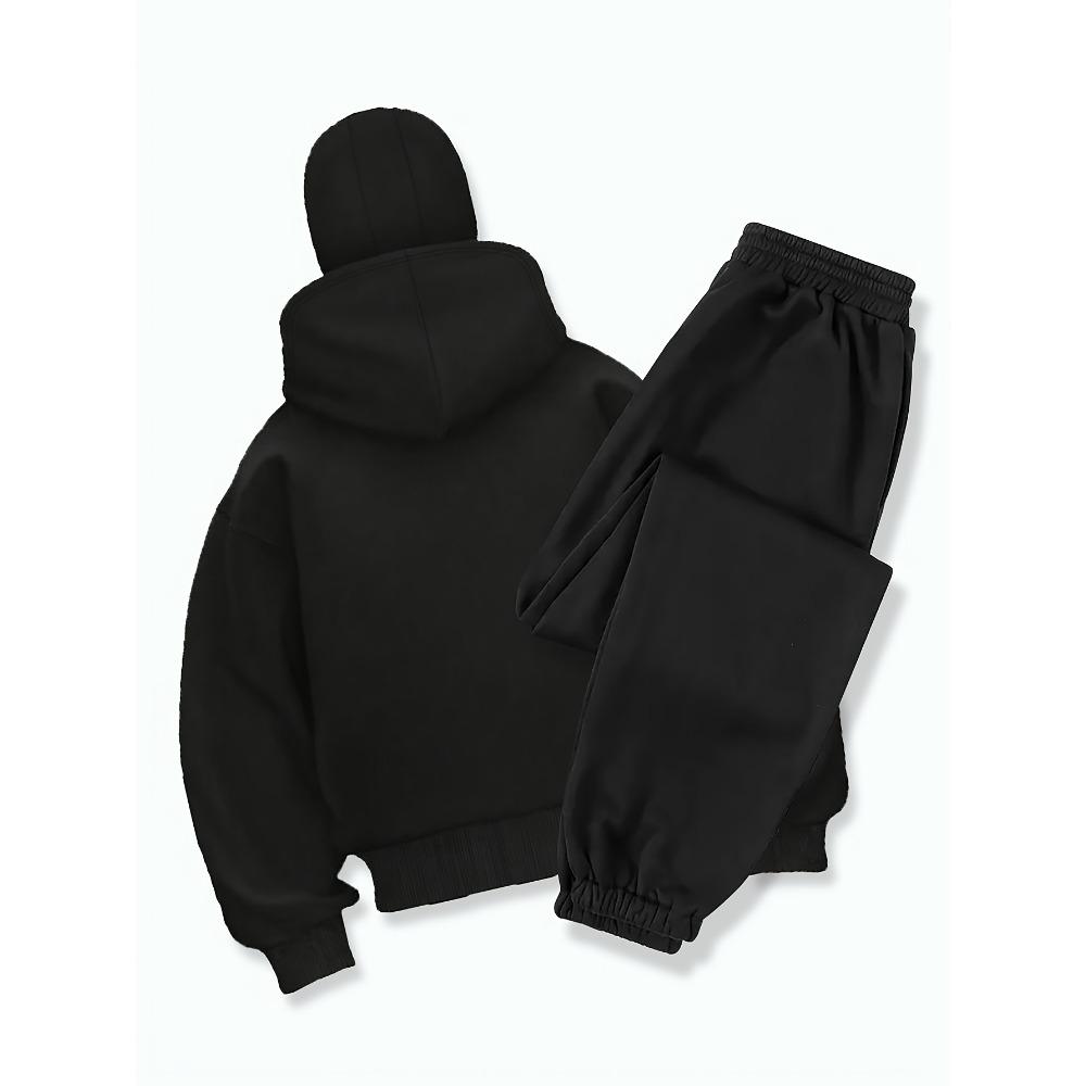 Hooded Zip-Up Sweatshirt and Jogger Set | Double-Neck Design with Dragon Emblem, Elastic Waistband, and Drawstring Pants Comfortable Clothing