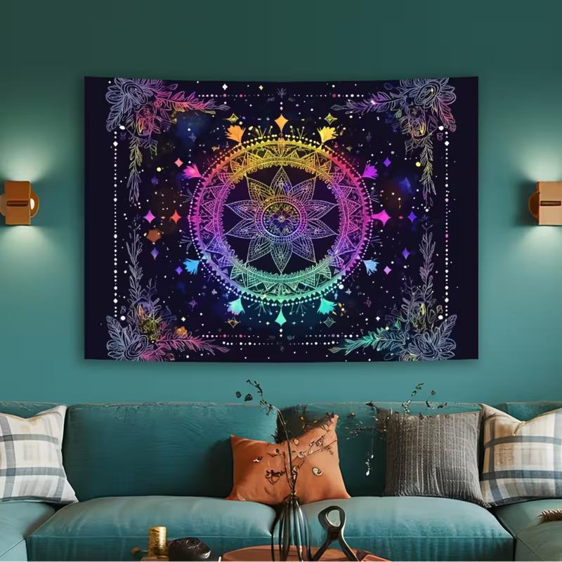 2D UV Glow Mandala Tapestry, Rainbow Boho Floral Wall Hanging for Party
