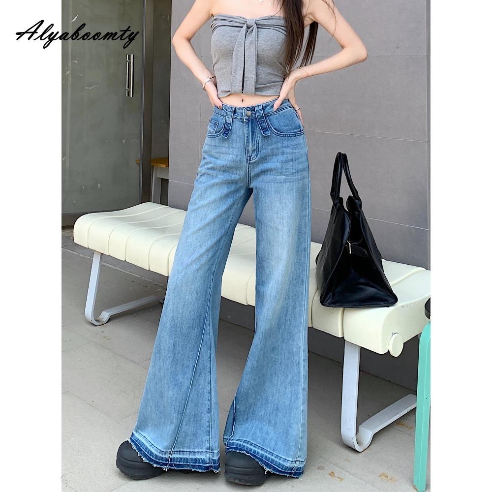 

Джинсы клеш женские в корейском стиле весна-осень, светло-голубые, с высокой талией, однотонные, базовые, классические джинсовые брюки, элегантные, винтажные, женственные S синий