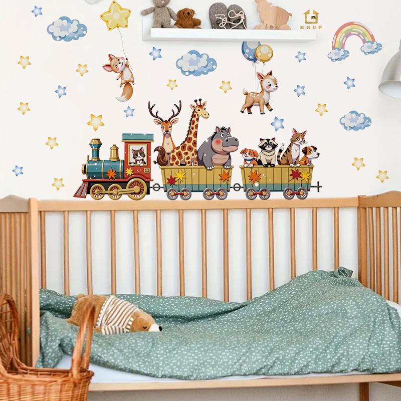 Kreslený zvířecí vlak Samolepka na zeď Odnímatelná PVC Dekorace na zeď Pro dětský pokoj Dětský pokoj Domácí dekorace