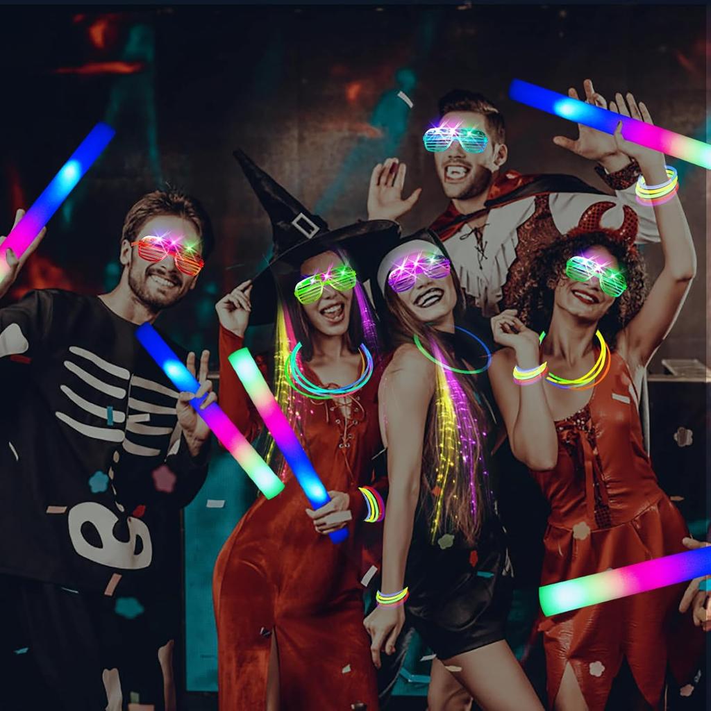 148 PCS Glow in the Dark Party Supplies, 16PCS Foam Glow Sticks, 16PCS LED Glasses,100PCS Glow Sticks Bracelets and 16Pcs LED Hair Clips Fiber Optic