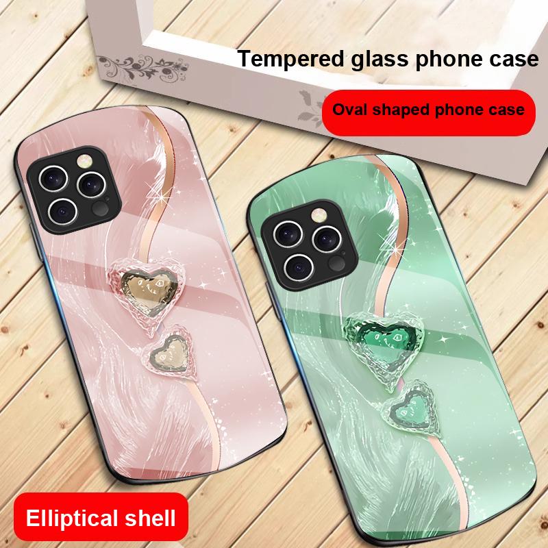 Amber Double Love For IPhone 16 Pro Max 15 Pro 14 13 12 Mini 11 XS Max XR 7 8 Plu SE 2022 Elliptical Glass Phone Case