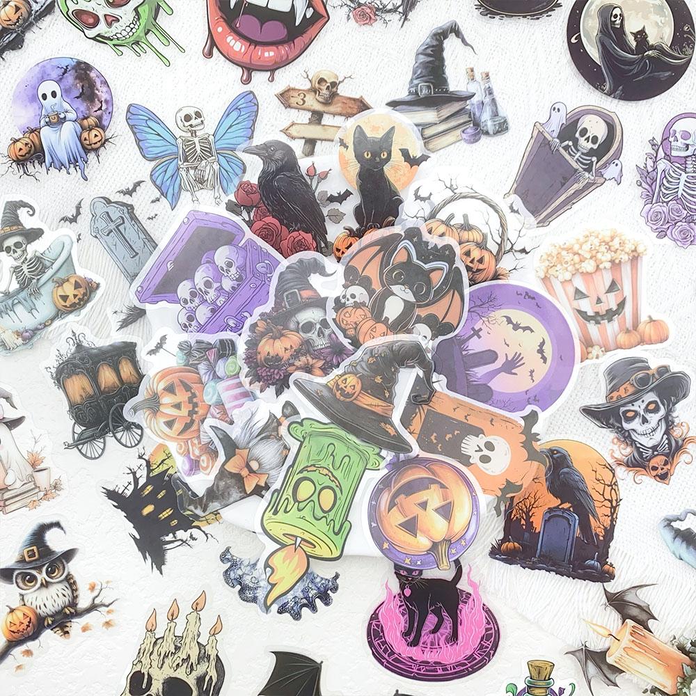 50PCS Halloween PET Stickers Holiday Horror Pumpkin Skull Eyeballs Transparent Luggage Graffiti Sticker Label Diary Stationery