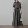 Women's Spring/Autumn Turn-Down Collar Maxi Shirt Dress - Long Sleeve, Solid Color, Casual