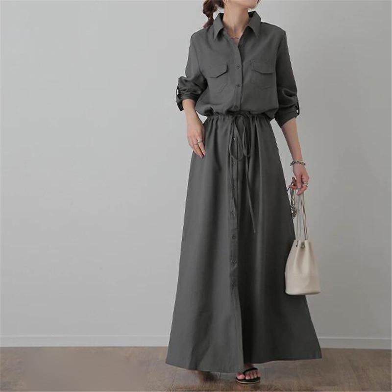 Women's Spring/Autumn Turn-Down Collar Maxi Shirt Dress - Long Sleeve, Solid Color, Casual