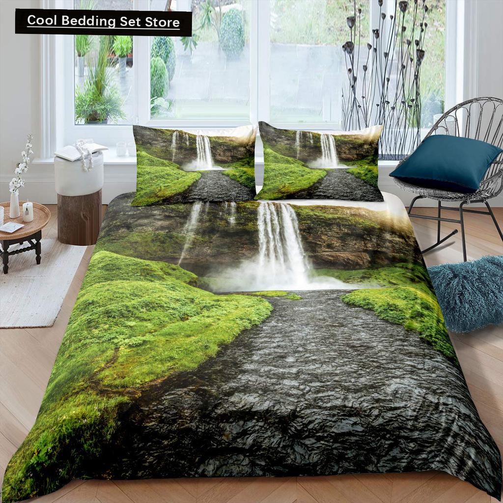 Waterfall king Queen Duvet Cover Floral Trees Bedding Set Natural landscape quilt cover Purple Dream polyester Comforter Cover