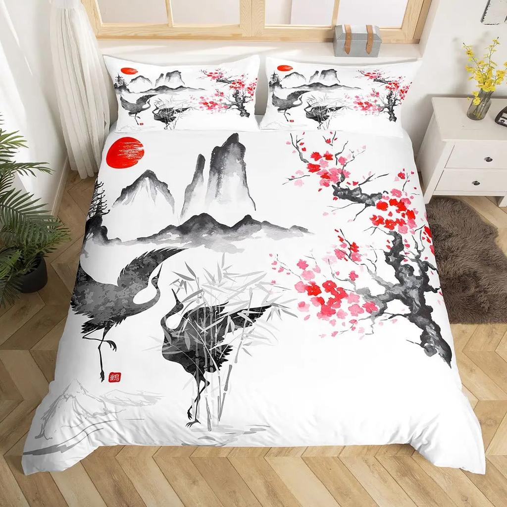Japanese Style Crane Soft Duvet Cover Set Ful Sized Dimensions,Exotic Red Sun Sea Waves Beding Sets,Vintage Ukiyoe Traditional Warm Comforter Cover