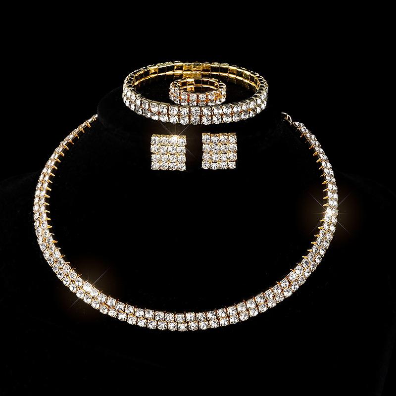 New Fashion Necklace Earrings Ring Bracelet Four-piece Set, Full Diamond Three-Row Collar Bridal Suit Women