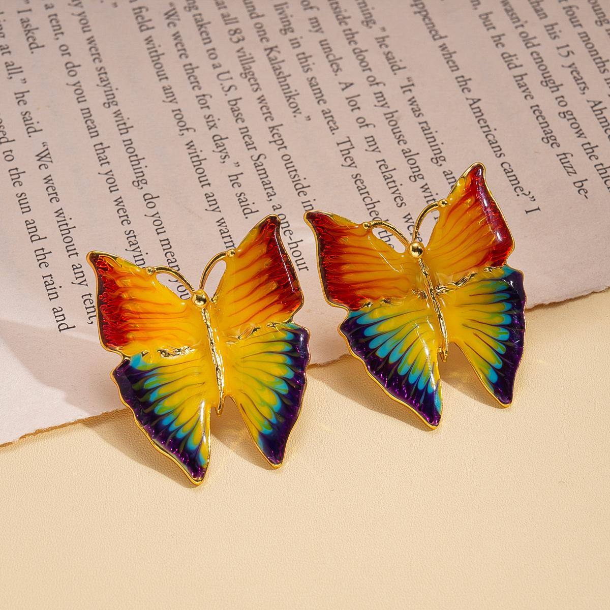 Drip oil smudge butterfly silver needle stud earrings, unique personality fashion earrings earrings