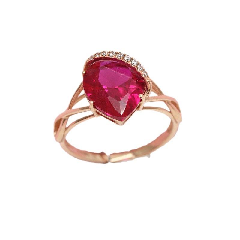 585 Purple Gold Drop-Shaped Redstone Diamond-Encrusted Ring, Colored Gold, Foreign Gas Trend-Plated Rose Gold Adjustment Ring.