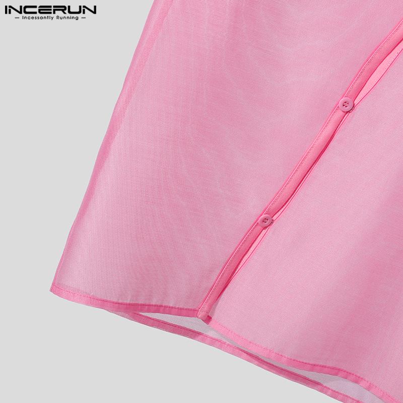 INCERUN Sommer Herren Stehkragen Kurzarm Mesh Sheer Patchwork T-Shirts