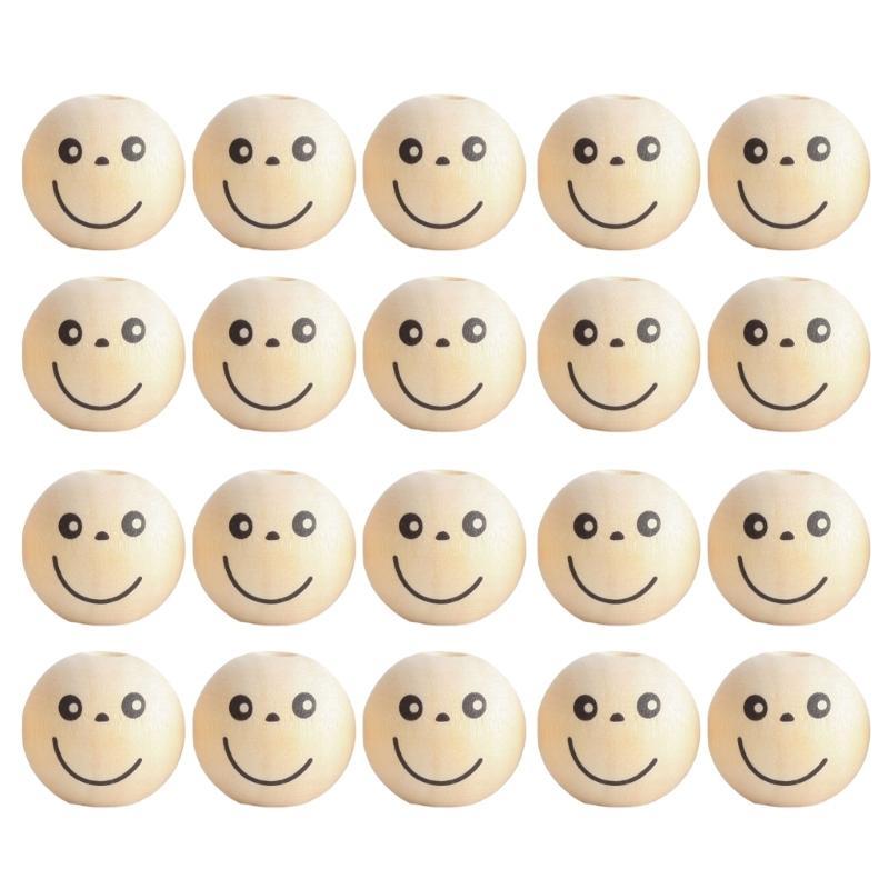 20Pcs Wooden Ball with Hole for DIY Decor Craft Natural Beads for Crafting Wooden Faced Beads Smiles Wooden Beads