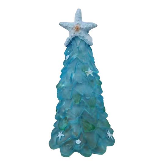Seaglass Christmas Tree Decoration Blue Green Sea Glass Starfish Shell Ocean-themed Xmas Tree Figurine Holiday Resin Tree Desktop Ornament