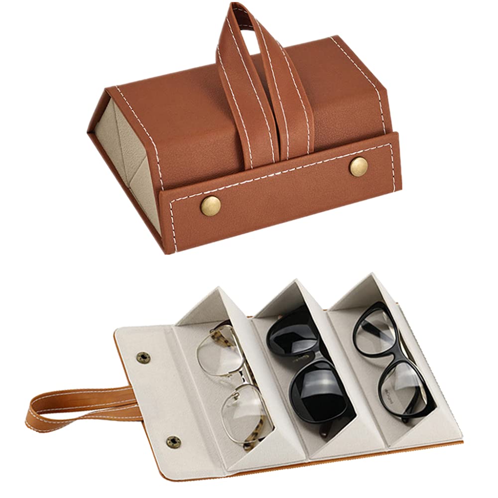 Compact Eyeglass Case for 3 PU for Travel and Car Lens Stylish Brown Pairs, Leather, Wall-Mountable, Foldable, Anti-Scratch, Portable, Use,