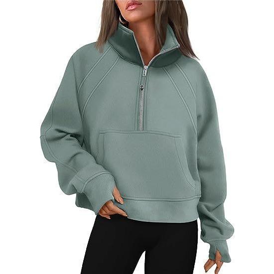 

HNXC Autumn and Winter Women s Semi-zipper Short Stand-up Collar with Fleece Solid Color Sweatshirt XXL светло-зеленый