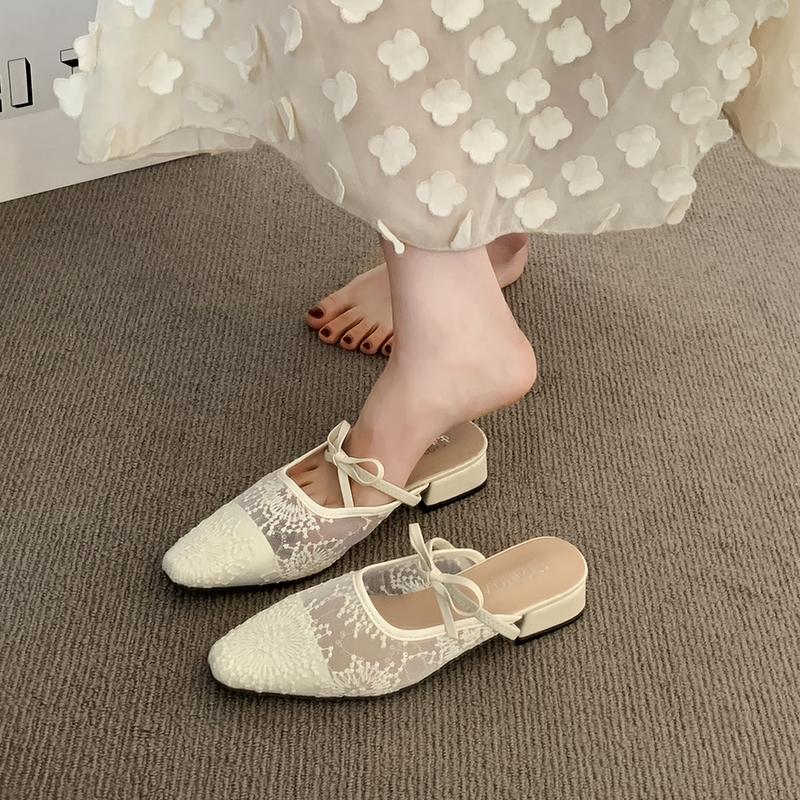 Fashion Shoes Woman 2025 Female Slippers Mules Sexy Butterfly-Knot Cover Toe Square Heel New Block Summer Slides Butterfly-knot Shoes Sq