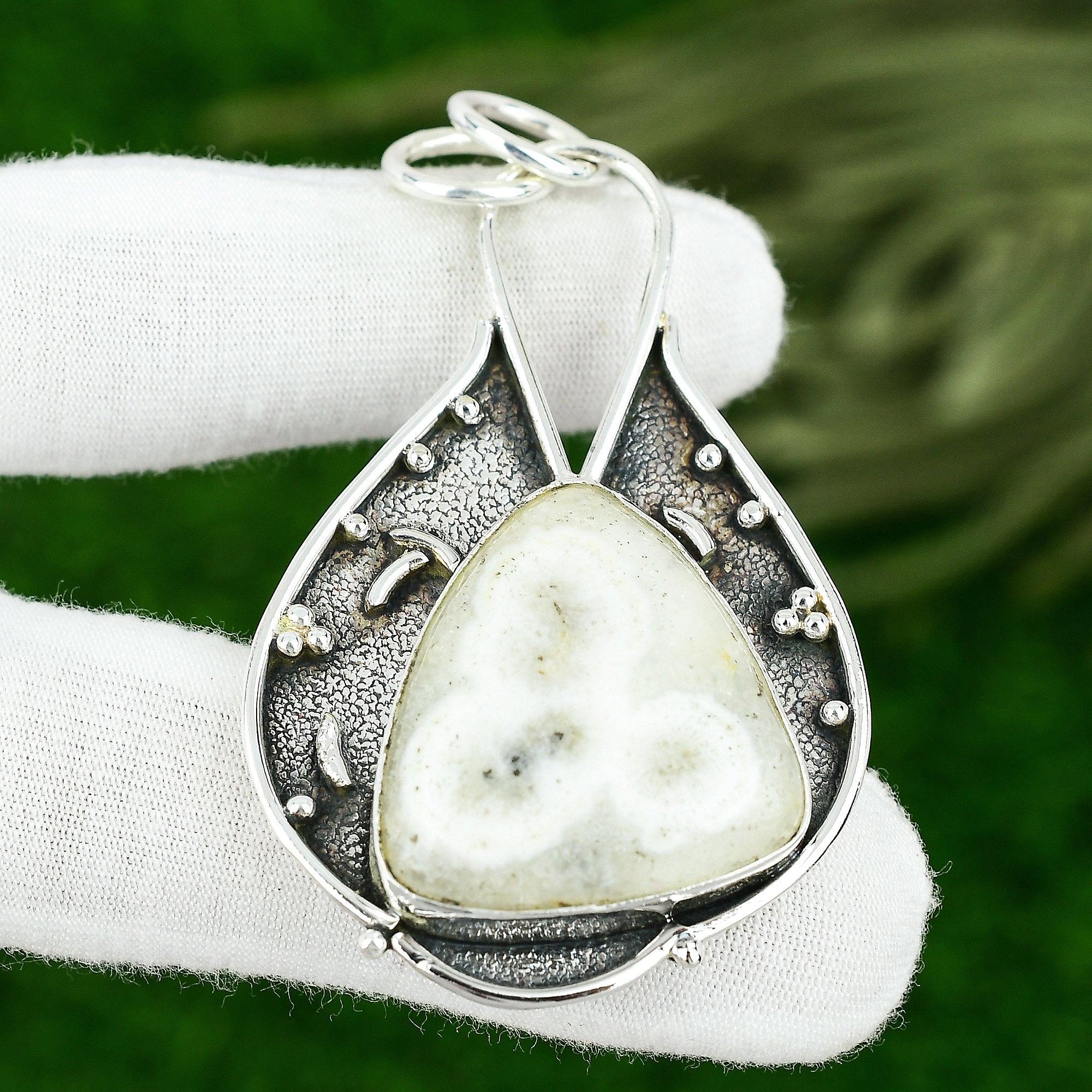 925 Sterling Silver Trillion Natural Solar Moss Opal Engagement Sister Pendant