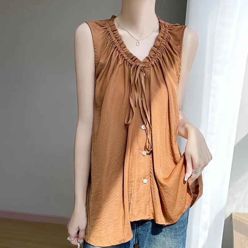 Summer New V-neck Drawstring All Match Korean Women's Top Elegant Sleep Loose Solid Color Comfortable Vest