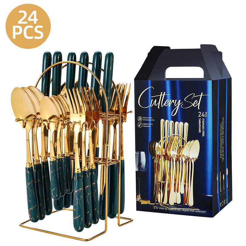 24pcs Mixed Cutlery Set Stainless Steel Ceramic Handle Tableware Dinnerware Set with Storage Stand-Knives/Spoons/Forks/Teaspoons for Family