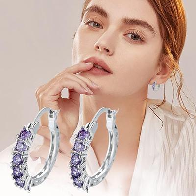 Yousheng 1 Pair Women Huggie Earrings Blue Cubic Zirconia Small Hoop Earrings Party Prom Clipping-on Earrings Copper Round Earrings