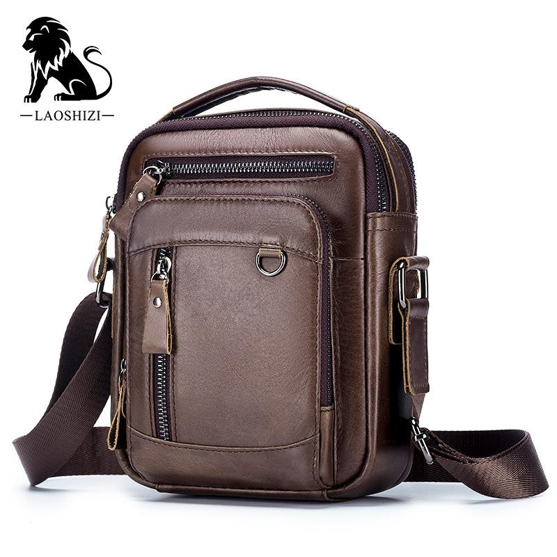 LAOSHIZI Genuine Leather Men's Crossbody Shoulder Bag Vintage Cowhide Messenger Bag for Male Small Casual Handbag