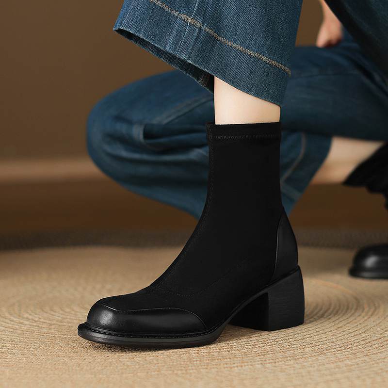 Krazing Po Microfiber Winter Round Toe Size 33 Chelsea Boots Size 43 Zipper Thick High Heels Patch Work Ankle Boots