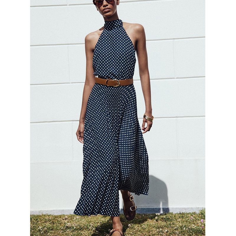 Summer New Bowknot Decoration Sleeveless with Belt Polka Dot Hanging Collar Midi Skirt Dress 3555902