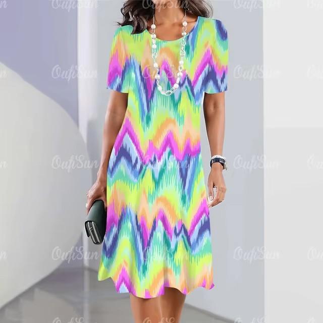 3D Geometric Stripe Print Elegant Women's Short-sleeved Summer Dress