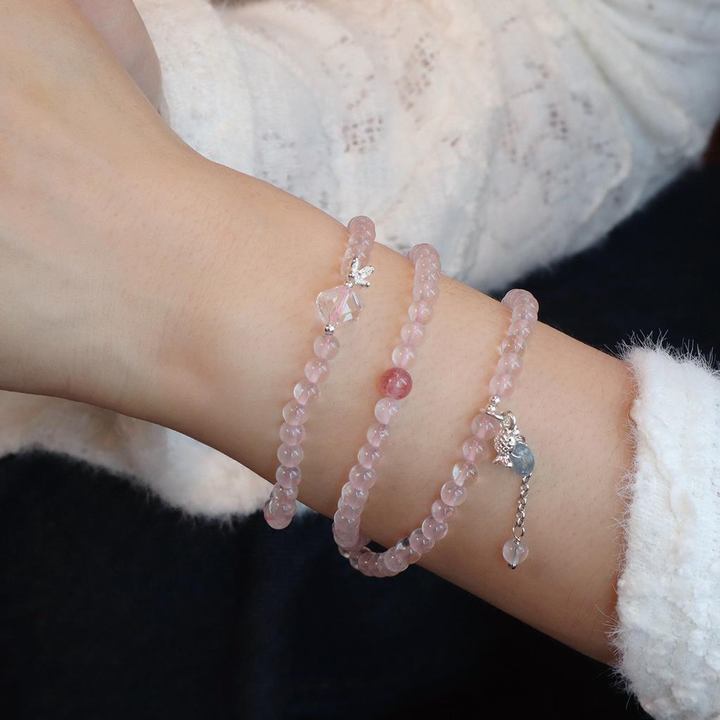 Natural Pink Crystal Bracelet Women's Fashion Design Three Circles Aquamarine Safety Buckle Light Luxury Sense Sweet