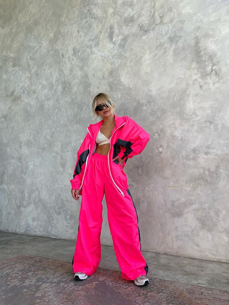 Women's Sporty Zip Up Track Jacket and Wide Leg Pants Set In Pink with Side Stripes