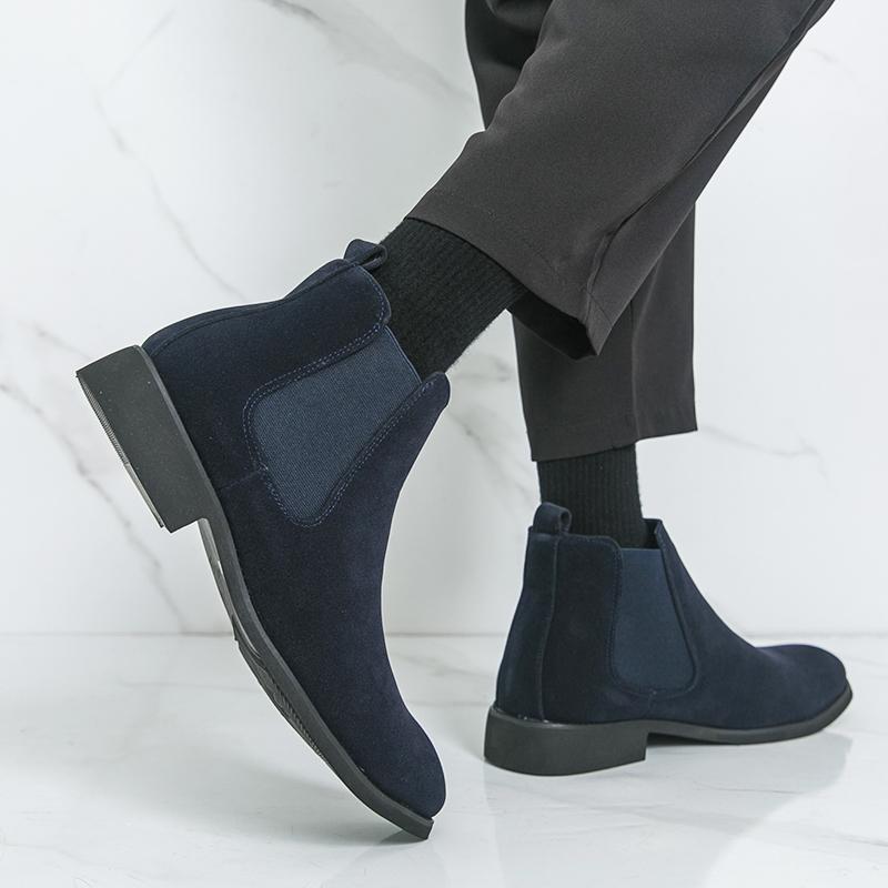 Men's Pointed Suede Leather Casual Chelsea Ankle Boot Luxury Designer Winter Trend Black Blue High Tops Shoes Zapatos Hombre