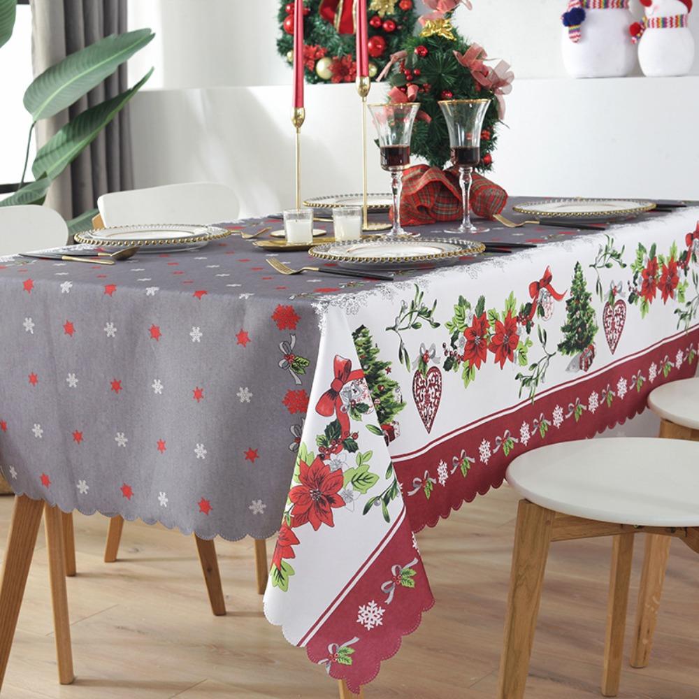 Festive Holiday Tablecloth Waterproof Polyester Embossed Rectangle Christmas Party Dining Cover with Lace