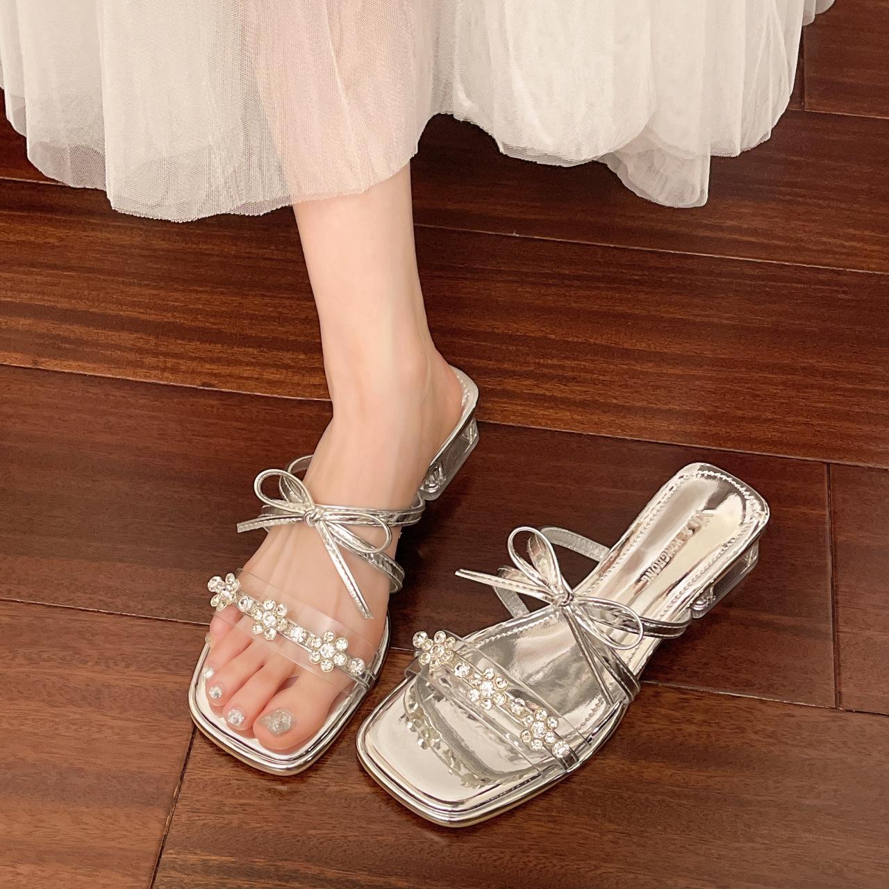 

2025 summer new fairy rhinestone bow sexy outer slippers thin heel square head open toe sandals 40 серебряный