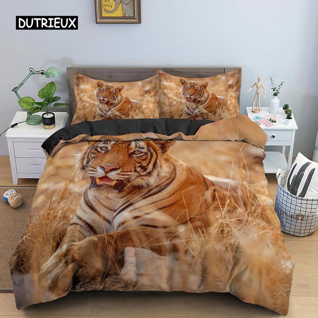 Tiger Duvet Cover Set King Size Wild Theme Bedding Set Animal Pattern Comforter Cover Animal Theme Sunset Polyester Quilt Cover