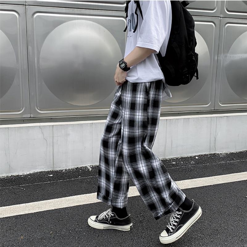 Männer Casual Hosen Plaid Knöchel Länge Lose Breite Bein Alle-spiel Elastische Taille Mode Hosen Streetwear Harajuku Koreanische Retro ins