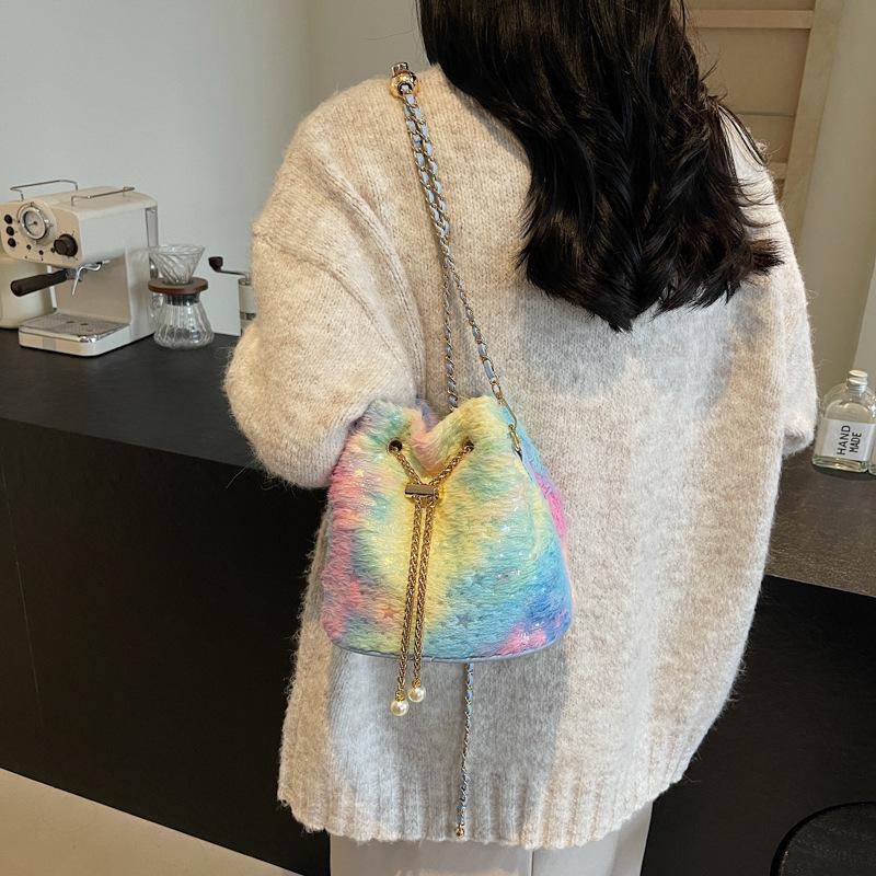 2025 New Cute Cartoon Plush Bag Women's Oblique Span Bag Fashion Trend Shiny Bag