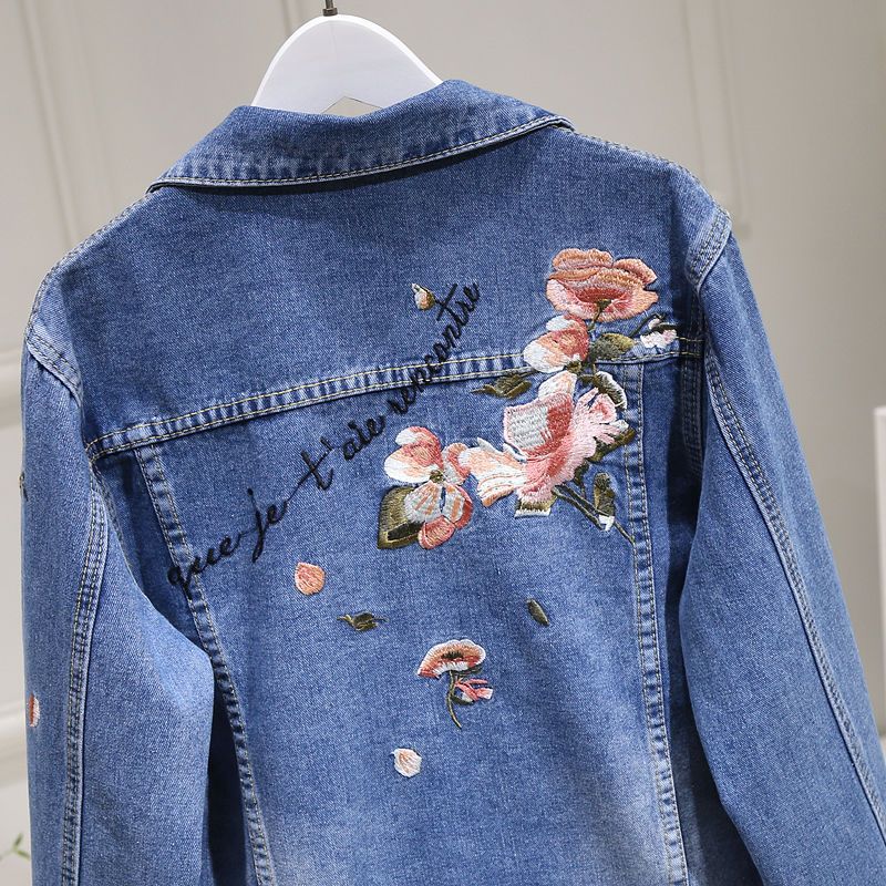 Women's Denim Jacket Spring and Autumn Casual Versatile Embroidered Retro Mid-length Top