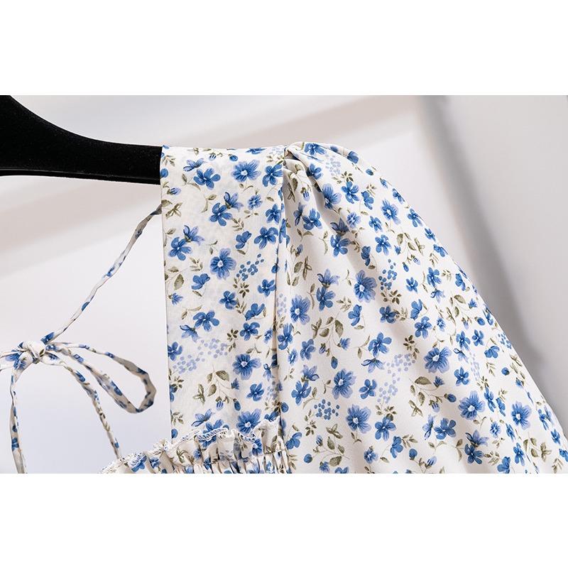 GMXIA Women's Fashion Spring Autumn Floral Print Short Long Sleeve Square Collar High Waist Casual Dresses