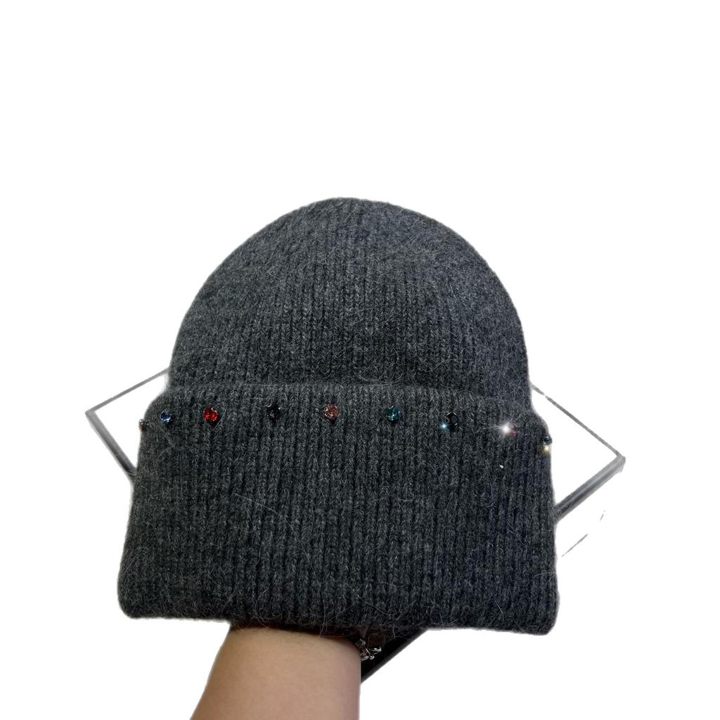 Russian Winter Warm Rabbit Hair Knitted Hat Celebrity Light Luxury Small Diamond Double Fold Wool Hat Women'S Outdoor Windproof