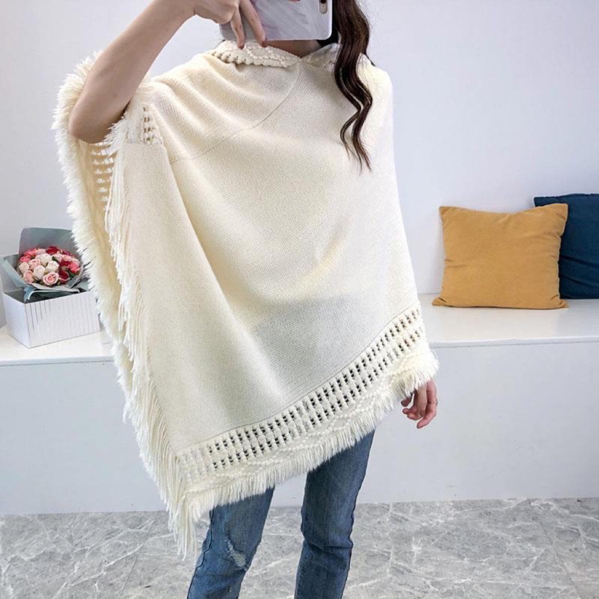 

2023 Женская накидка-шаль с капюшоном и кисточками — размер плюс, однотонная, свободный крой 60-80cm