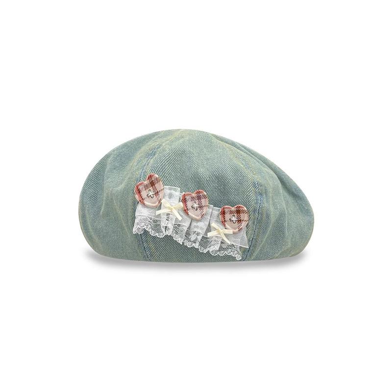 Niche Designer Beret With Lace Trim And Heart-Shaped Buttons, Beret Women, Spring/Summer Artist Hat