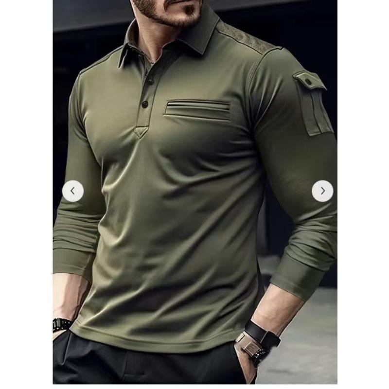 

Spring and Autumn Long Sleeve Men s POLO Shirt Arm Pocket Epaulette Design Muscle Movement XXXL армія зелений колір