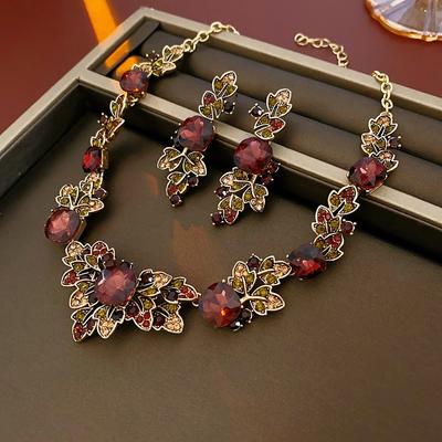 Retro Brown Crystal Leaf Earrings Choker Nacklace for Women Luxury Rhinestone Necklace Party Jewelry Sets Anniversary Gift N1