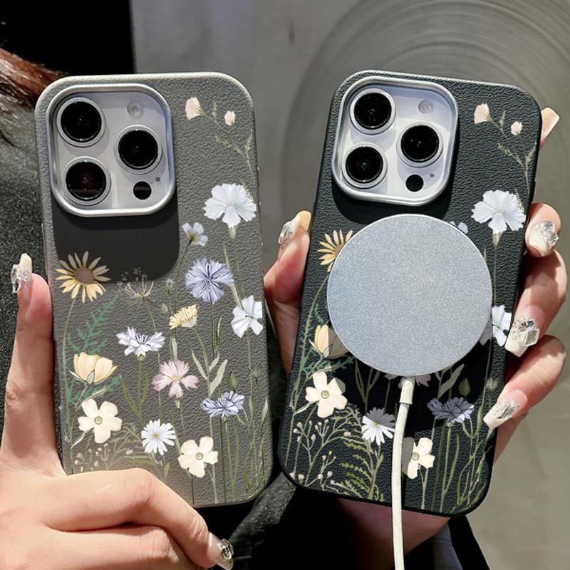 Silikonowe etui na telefon z teksturą białej skóry z kwiatowym wzorem dla iPhone 16 15 Pro 14 13 12 Pro Max 14 15 Plus 11 16e Magnetyczne do ładowania bezprzewodowego Magsafe