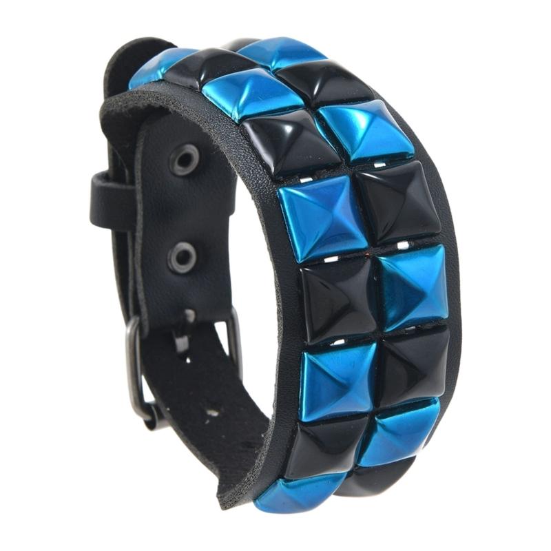 Studded Cuff Bracelet Double Row Square Studs Adjustable Closure PU Strap Punk Wrist Bangle for Concert Streetwear