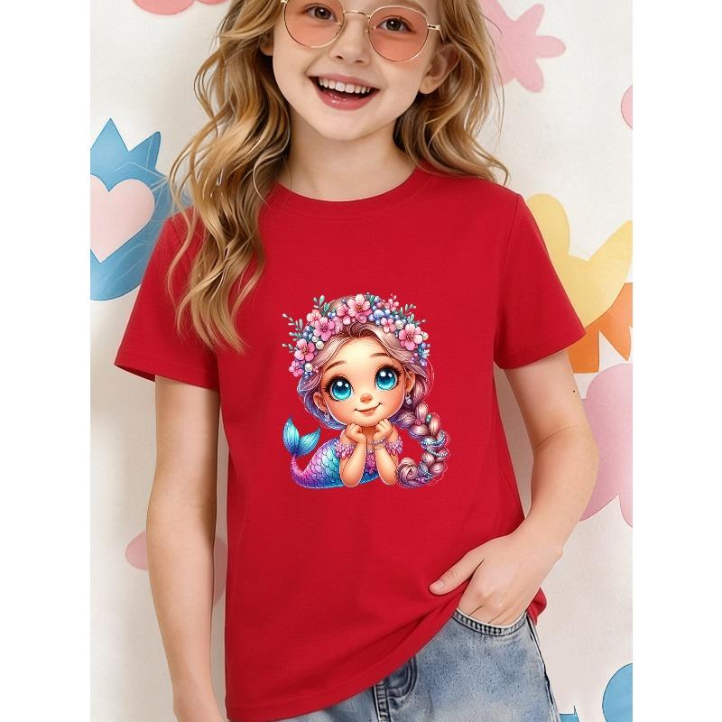 Girls Floral Wreath Mermaid Print Crewneck Short Sleeve Tee
