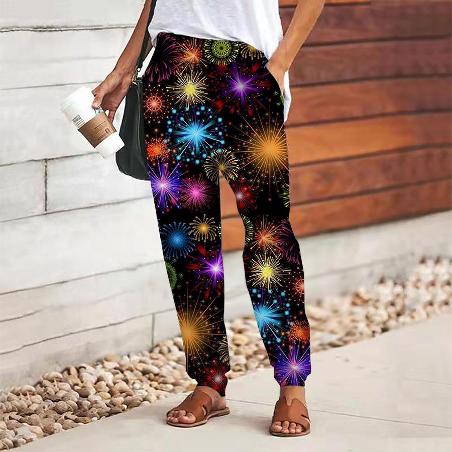 Women Star Printing Pants Lace Up Elastic Waist Loose  Trousers Casual Long Pants Trousers with Pockets