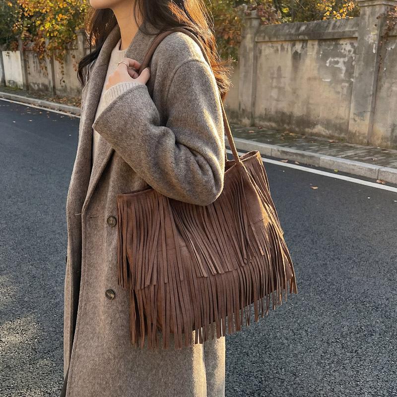 Bruine Suède Franje Tote Tas Dames Mode Schoudertas Met Gelaagde Kwastjes Boho Stijl Handtas Dagelijks Gebruik